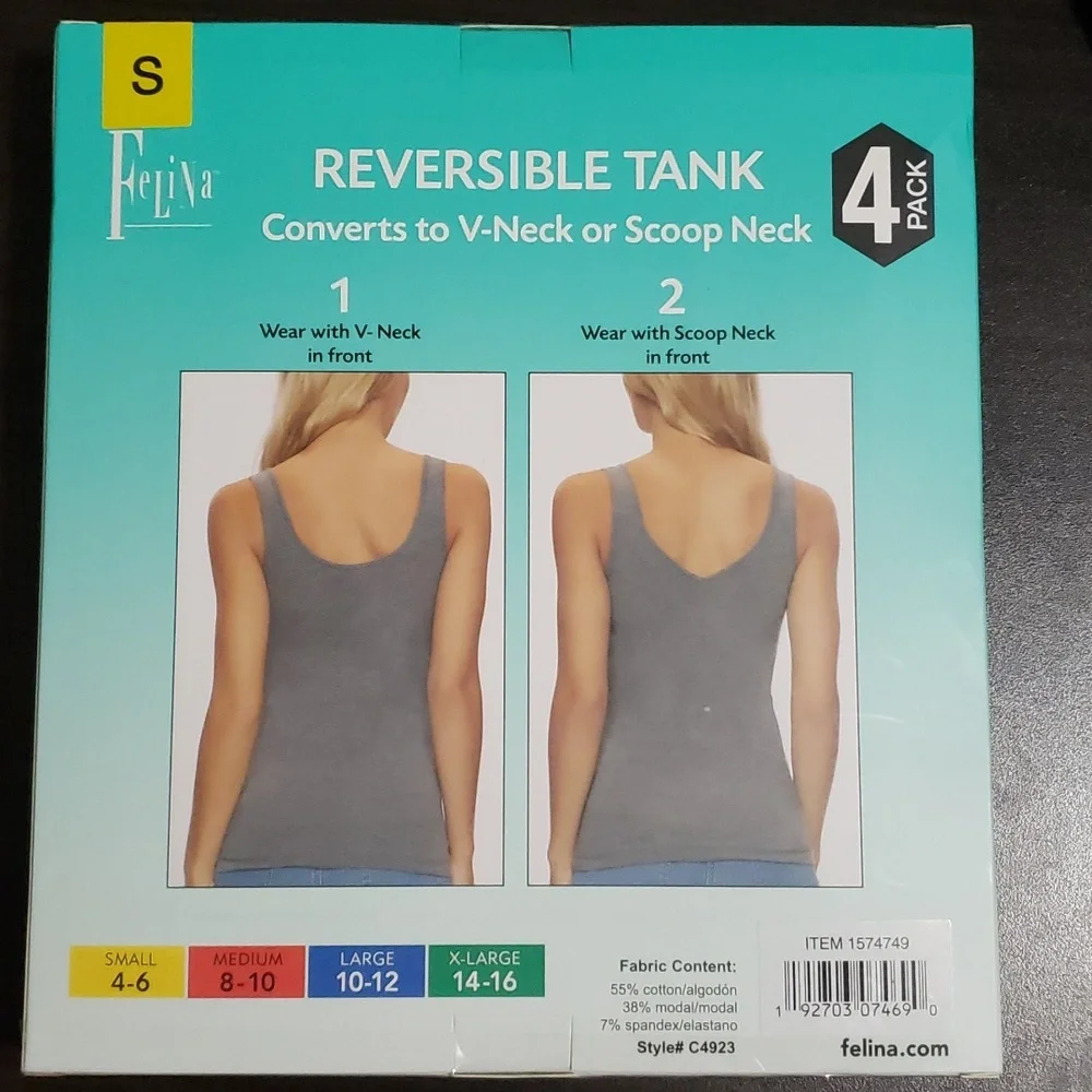 4 Pack Felina, Ladies Reversible Tank, Converts to V-Neck or Scoop Neck. - Picture 4 of 7
